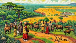 A split image showing AI chatbot interfaces next to historical engravings of the transatlantic slave trade.