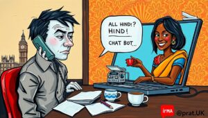 Person frustrated while interacting with a customer service chatbot on laptop