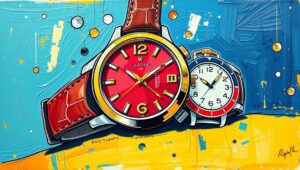 Busy London street market scene with counterfeit watch sellers