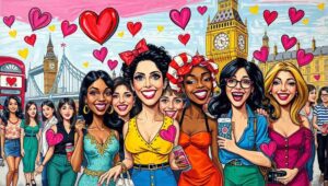 Group of friends laughing at drag bingo brunch during Galentine's Day celebration in London