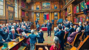 House of Commons satire, UK Parliament chaos, Westminster comedy, British politics funny Satirical illustration of House of Commons with MPs shouting and chaos during debate