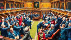 House of Commons chamber during heated Prime Minister's Questions with MPs shouting