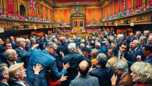 Prime Minister's Questions humor, MPs shouting, Speaker of the House, parliamentary debate MPs engaged in heated exchange during House of Commons session with aggressive gestures