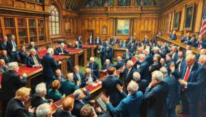 Tourist group watching House of Commons debate with confused expressions