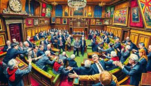 Prime Minister at despatch box during heated Prime Minister's Questions exchange