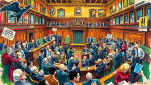 Interior view of House of Commons chamber with green benches and MPs in session