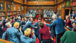 Speaker of the House presiding over Commons with MPs in background during debate