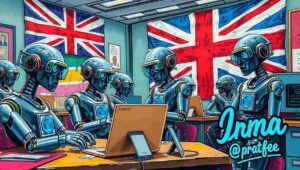 AI robots in London office setting representing workplace automation and artificial intelligence replacing human tasks