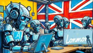 British office worker looking concerned while AI robot works efficiently in background