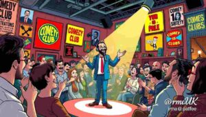 Museum of Comedy Bloomsbury, crypt comedy venue, British comedy history Museum of Comedy interior in St George's Church crypt in Bloomsbury with comedy memorabilia and stage