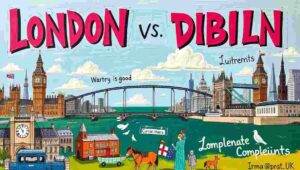 Architectural contrast between London's grand buildings and Dublin's iconic colorful doors.