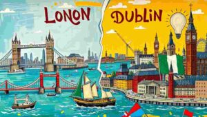 Humorous illustration of a Londoner and Dubliner exchanging playful complaints about their cities.