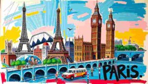 Humorous illustration of London Eye and Eiffel Tower in a silent rivalry.