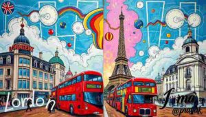 A cozy British pub versus a classic Parisian café, highlighting different social atmospheres.