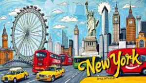 Humorous infographic charting differences between London and New York pace, food, and attitudes.