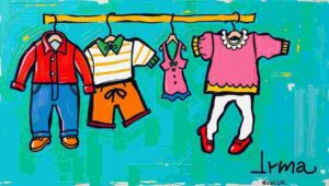 Humorous illustration of a baby spitting up on a costly designer baby garment.