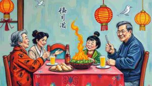 dating pressure, marriage expectations, family reunion, Chinese traditions, holiday satire Young Chinese person being introduced to potential match by parents during New Year