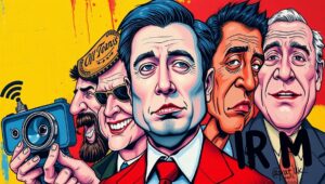 A split image showing newspaper headlines criticizing Musk next to photos of SpaceX rocket launches.