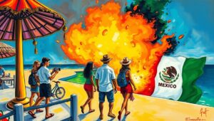 Satirical travel poster offering extreme Mexico holiday package featuring cartel violence and beach fires