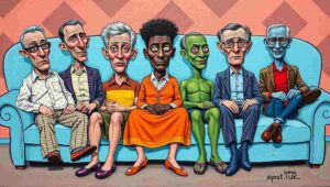 pale blue sofa, designer furniture, living room decor, interior design satire, domestic anxiety Pristine pale blue sofa in elegant living room representing domestic tension and hosting anxiety