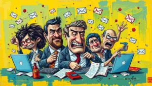 Laptop displaying typical spam emails including prince inheritance and romance scams