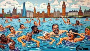 Lifeguard monitoring Thames swimmers with safety equipment