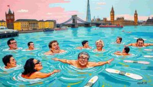 Swimmer emerging from Thames water with cautious expression