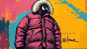 Someone wearing a Canada Goose parka inside a warm café, emphasizing status display.