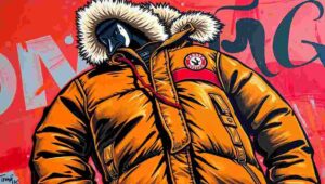 A city scene showing numerous pedestrians wearing identical Canada Goose parkas.