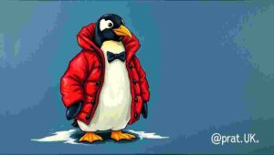 Humorous illustration of people subtly judging each other's expensive winter coats.