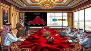 Satirical cartoon: A Saudi official holding a blueprint of The Line next to a giant 'AI Data Center' sign.