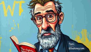 Satirical image of writer at computer receiving scam email about fake literary award requiring payment