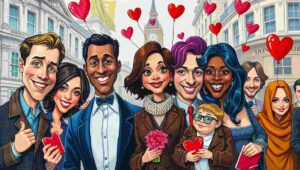 British man holding flowers awkwardly at his side like a weapon he's slightly ashamed of