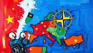 NATO leaders posing for commemorative summit photo with pastries visible