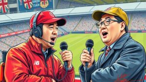 Korean and Chinese sports announcers passionately commentating on Premier League football match
