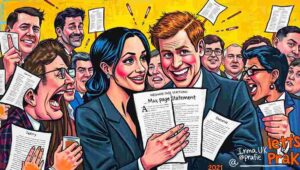 Prince Harry and Meghan Markle at a public engagement, representing their post-royal life in Montecito and their ongoing engagement with media narratives.