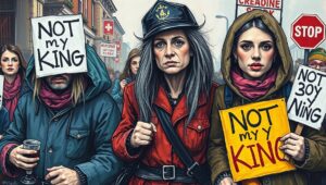 Not My King demonstration, royal family protest, British republicans, anti-royalist rally, London protest Young protesters with megaphones leading anti-monarchy chants in central London
