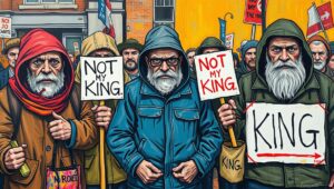 republican protest UK, anti-royalist demonstration, monarchy abolition, Not My King crowd, British republic movement Crowd of protesters chanting Down With The Crown at London anti-monarchy rally