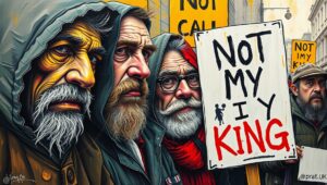 Not My King movement, Republic campaign, anti-royalist demonstration, British politics satire, monarchy debate Protesters gathered outside royal residence during anti-monarchy demonstration