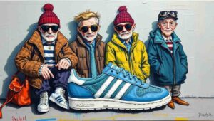 Men Look Style Evolution Man walking in city with Adidas trainers and tailored trousers representing the evolved men look aesthetic.