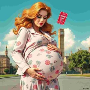 Pregnancy UK Advice Pregnant woman looking at phone with pregnancy apps and baby products nearby.