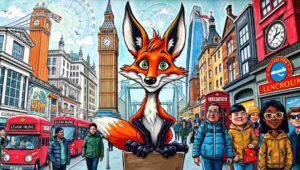 Red fox in a London mews near Baker Street with brick walls and parked cars.