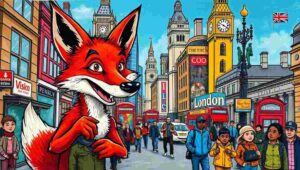 Red fox near a London bus stop at night with city lights reflecting on wet pavement.