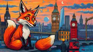 Red fox walking along a London pavement at night with street lamps illuminating the scene.