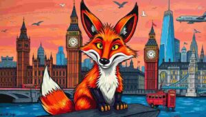 Red fox near Parliament Square in London with iconic buildings in the background.