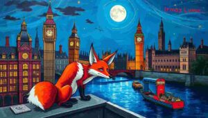 Red fox near Parliament Square in Westminster with Big Ben in the distance.