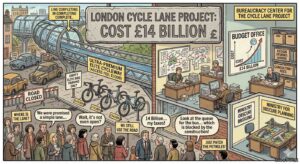 Cyclist on a London street looking confused as a painted cycle lane abruptly ends at a canal with no warning signs.