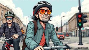 A peloton of smug cyclists in brightly coloured Lycra racing through a red traffic light at a central London junction, scattering pedestrians while one rider holds a protest placard reading Safer Streets Now.