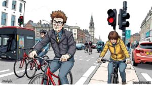 A cyclist in full Lycra weaving between stationary cars at a red light, one hand raised in a gesture of explanation, speech bubble reading It's safer this way as a pedestrian with a Labrador looks on in disbelief.