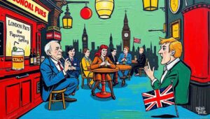 British Rail Joke Pub Commuters standing at a bar with pints, one looking at a phone showing a train delay notification while others laugh.